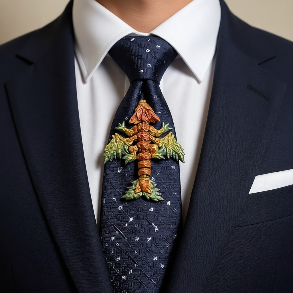 Navy blue tie with a floral design worn by a person in a suit.