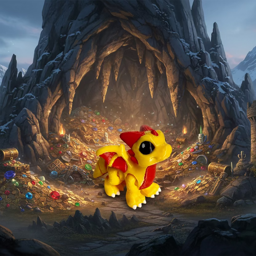 Toy dragon in a fantasy cave with treasures and glowing crystals