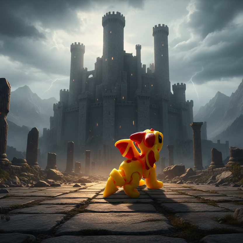 Yellow dragon-like creature in a fantasy setting with a castle and mountains.