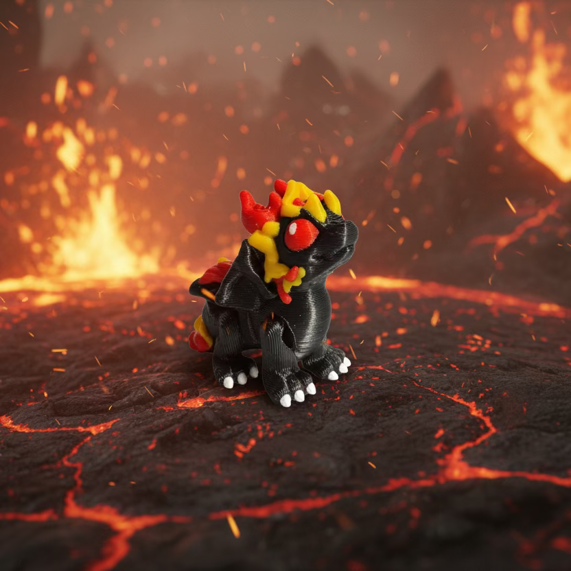 Small Fire Dragon Hatchling standing on molten rock with lava spouts around