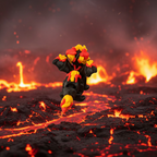 Small Fire Dragon Hatchling standing on molten rock with lava spouts around