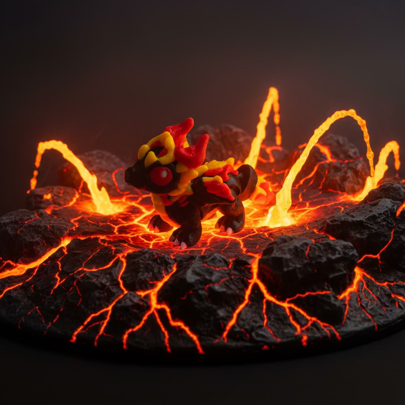 Small Fire Dragon Hatchling standing on molten rock with lava spouts around