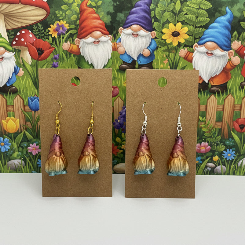 rainbow colored gnome earrings on both silver and gold plated copper hooks