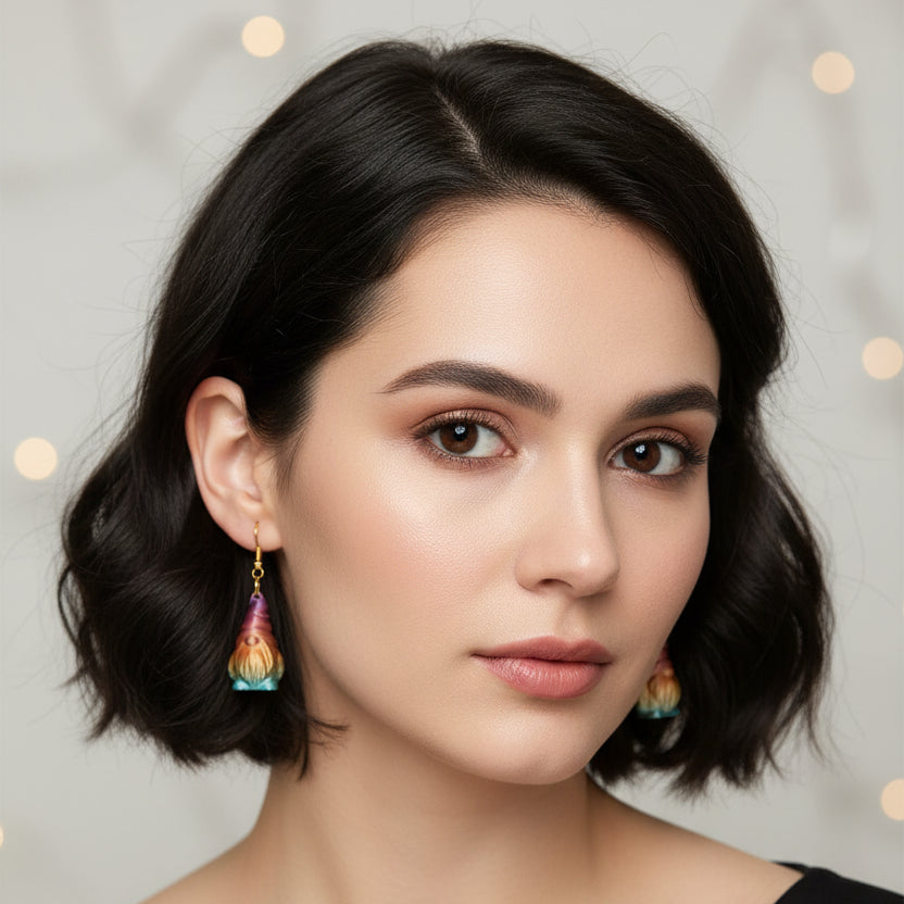 gnome earrings on gold plated hooks worn by female model