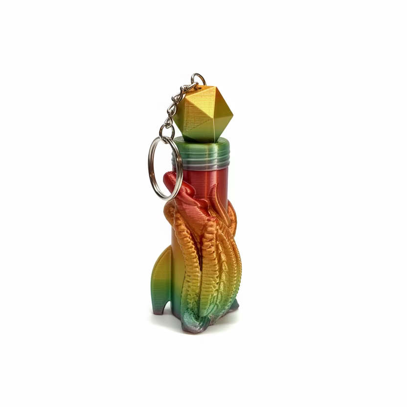colorful dragon chapstick holder with a 20-sided geographic shap at the top