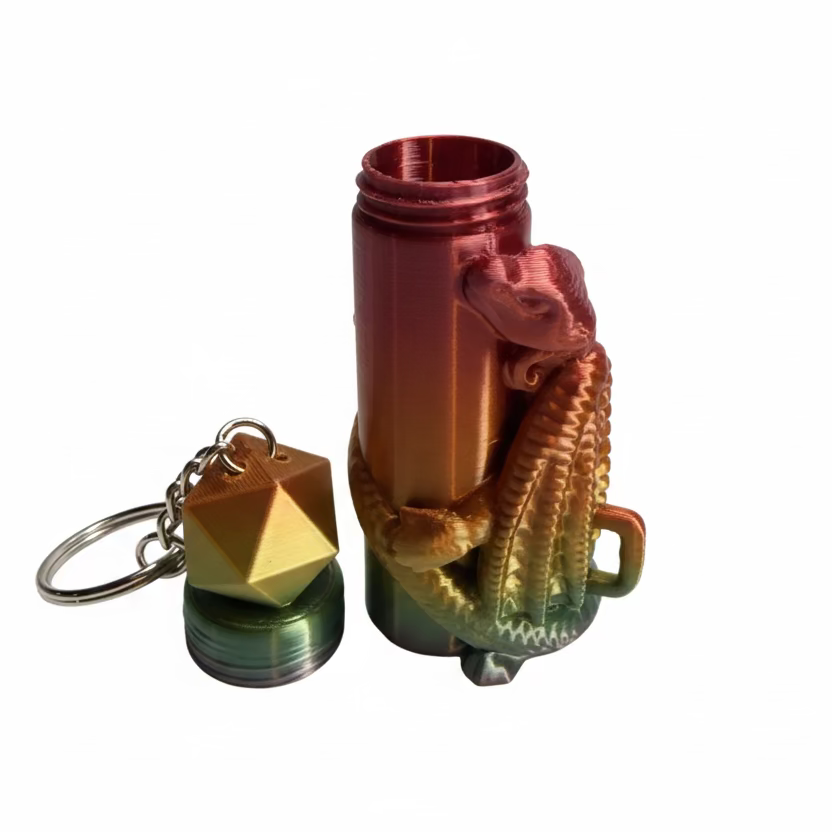 colorful dragon chapstick holder with a 20-sided geographic shap at the top