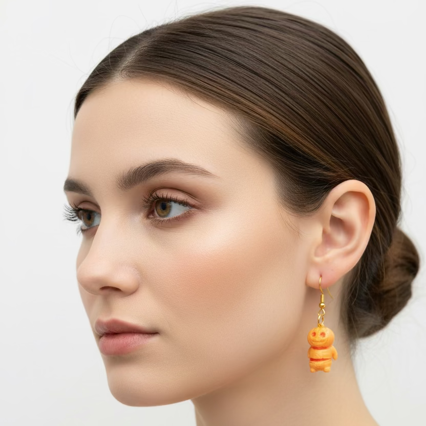 pumpking man earrings on a female model