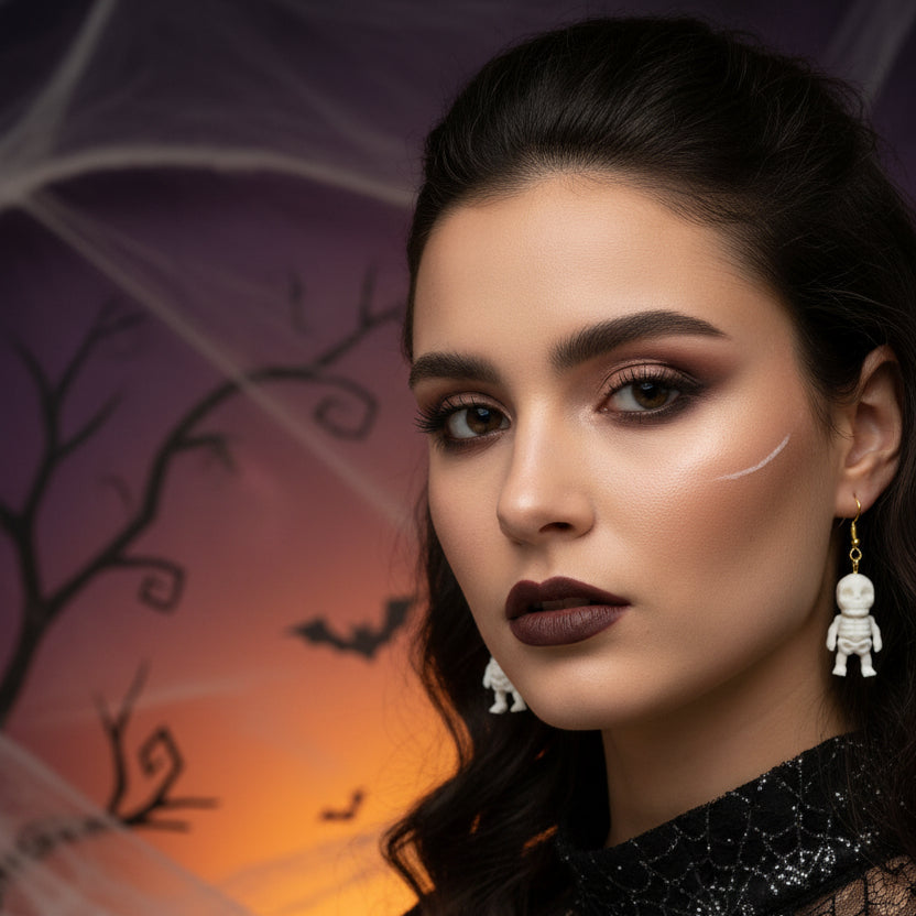 Woman in black lace dress with Halloween-themed background featuring pumpkins and bats.